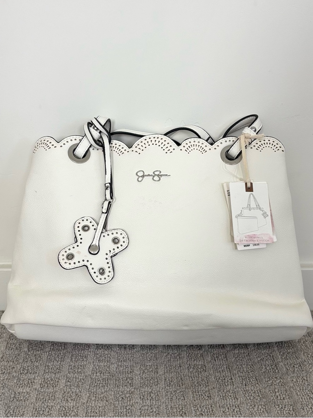 Jessica Simpson White Scallop-Edge Tote with Floral Charm